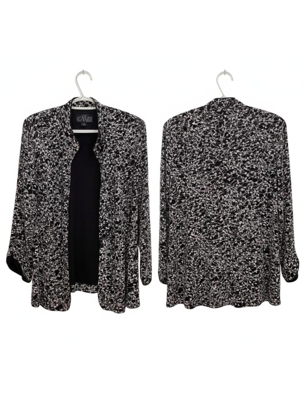 Alex Evenings Floral Open Front Jacket Party Occasion Top Black White 1X